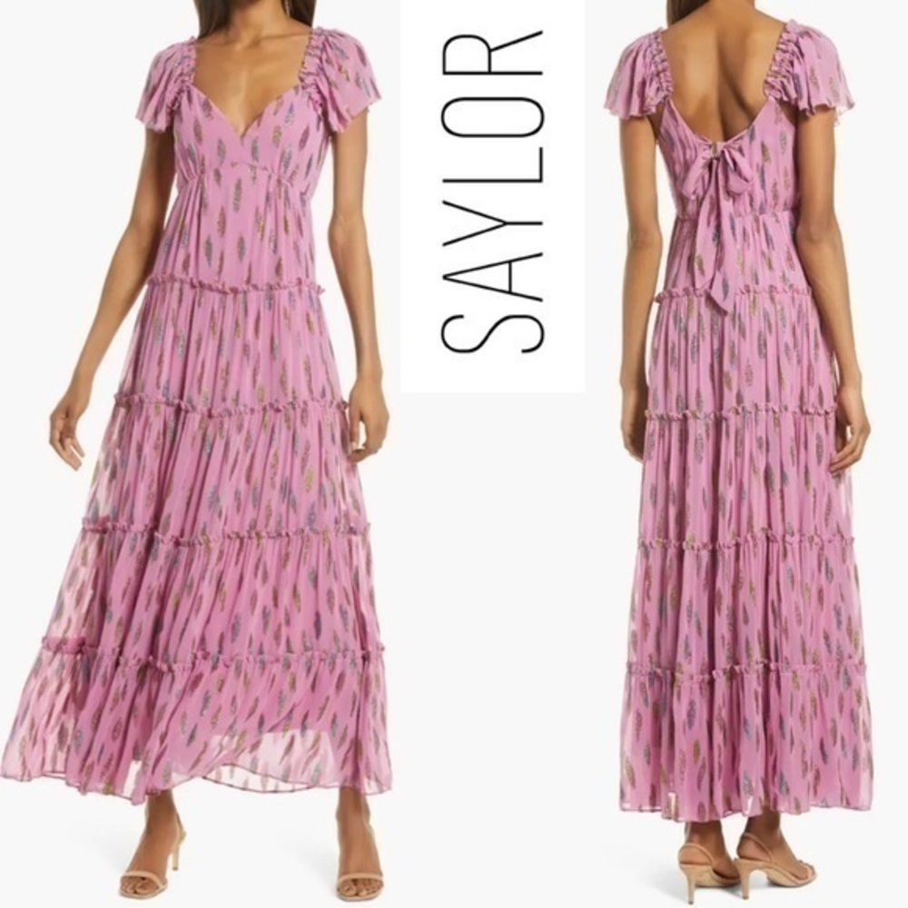 Saylor NWT Kira Metallic Pink Leaves Tiered Sleeveless Maxi Dress M